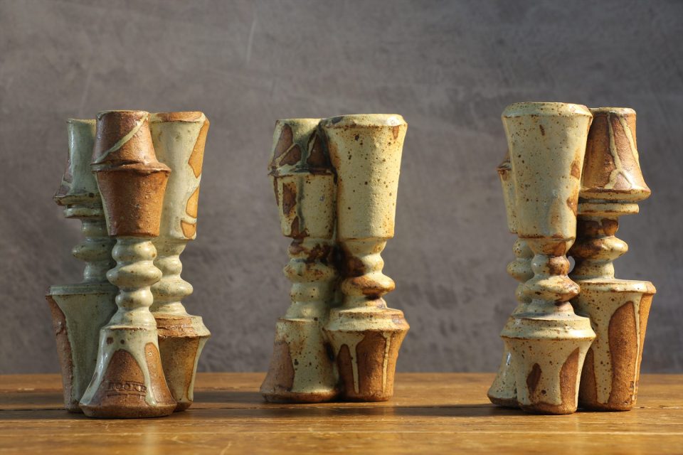 Set of Three Stoneware Double Candlesticks — Bernard Rooke