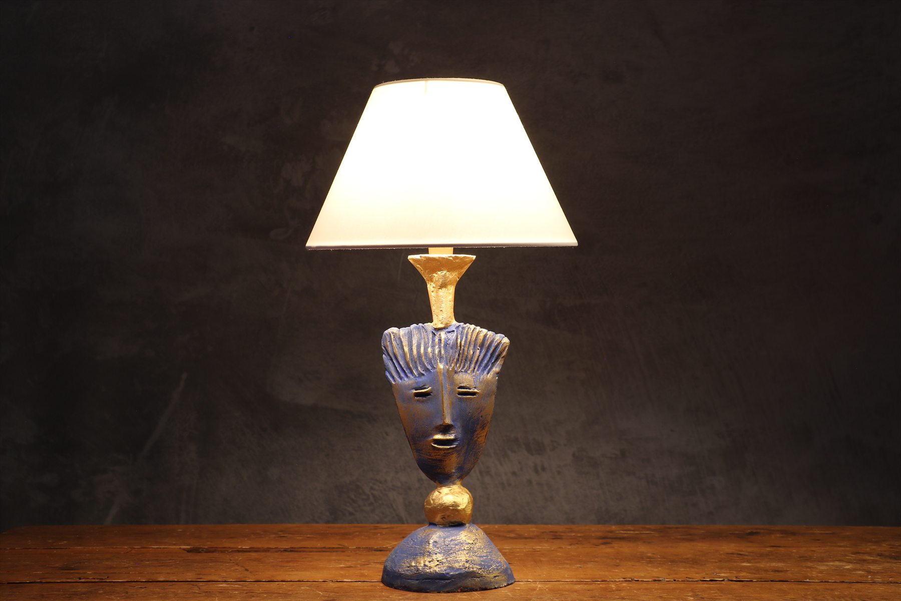 Vintage Blue and Gilt Bronze Face Table Lamp