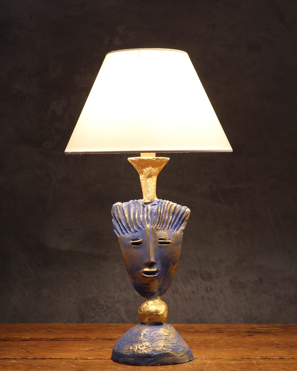 Vintage Blue and Gilt Bronze Face Table Lamp — Pierre Casenove