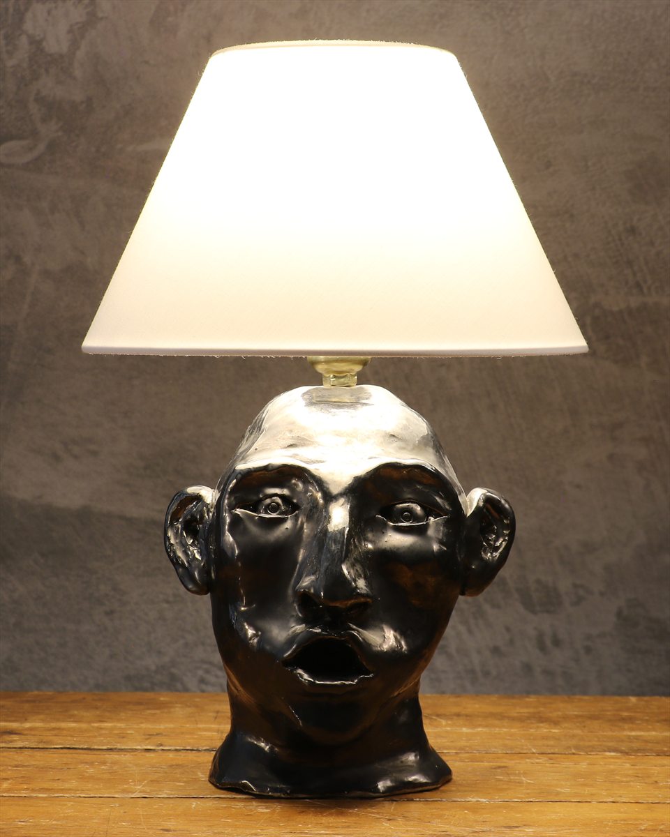 Mid-Century Hand-Painted Ceramic Table Lamp with Face Decor