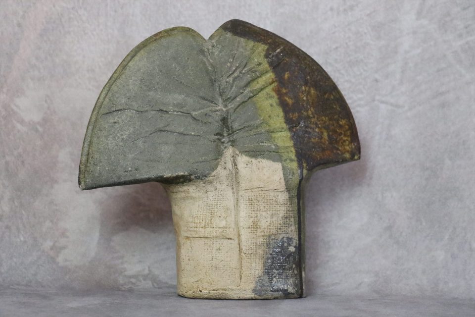 Sage Green and Brown Ceramic Sculpture with Raw Stoneware