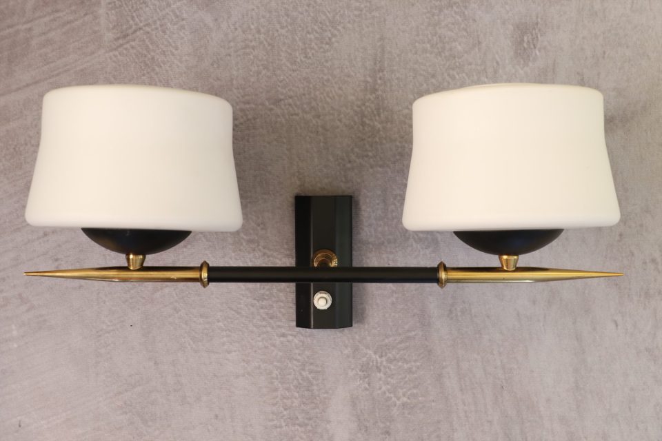 Double Black Metal, Brass and Opaline Glass Wall Light — Arlus