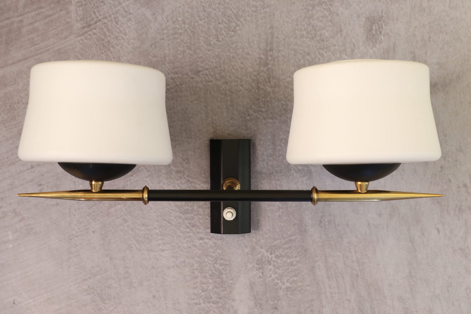 Double Black Metal, Brass and Opaline Glass Wall Light