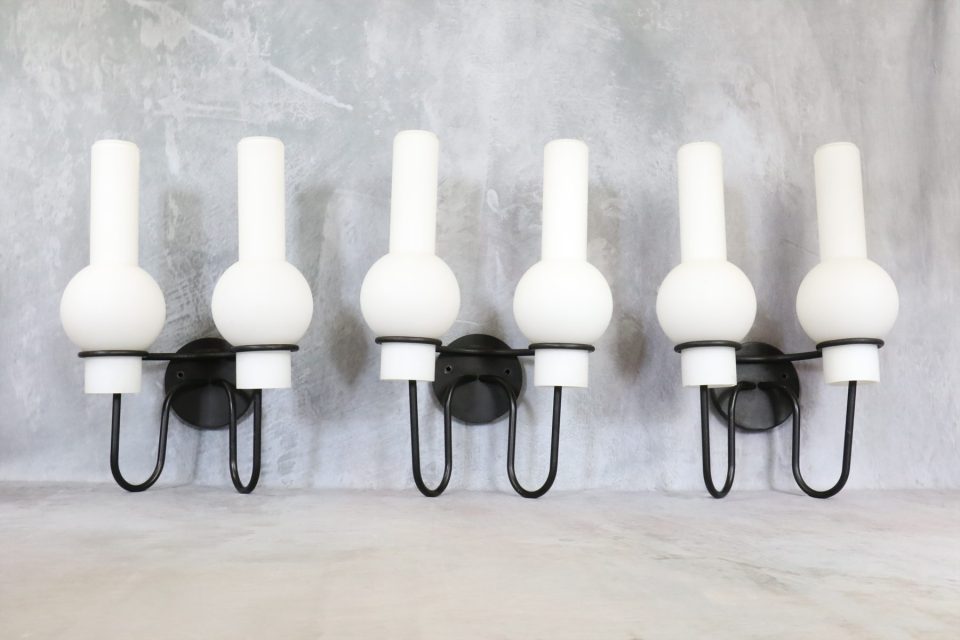 Set of Three Double Opaline Glass and Metal Sconces — RAAK