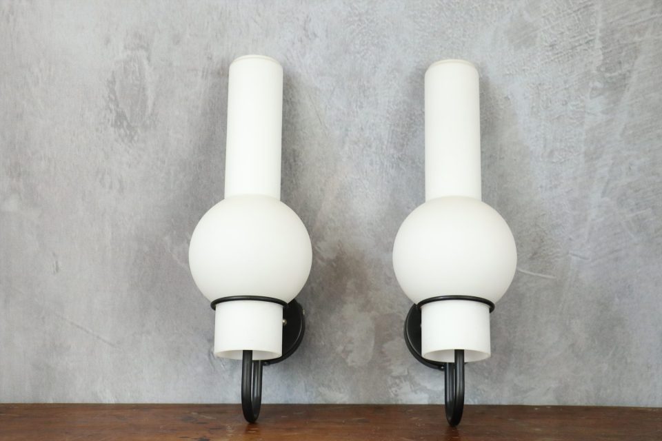 Pair of White Opaline Glass and Black Metal Sconces — RAAK