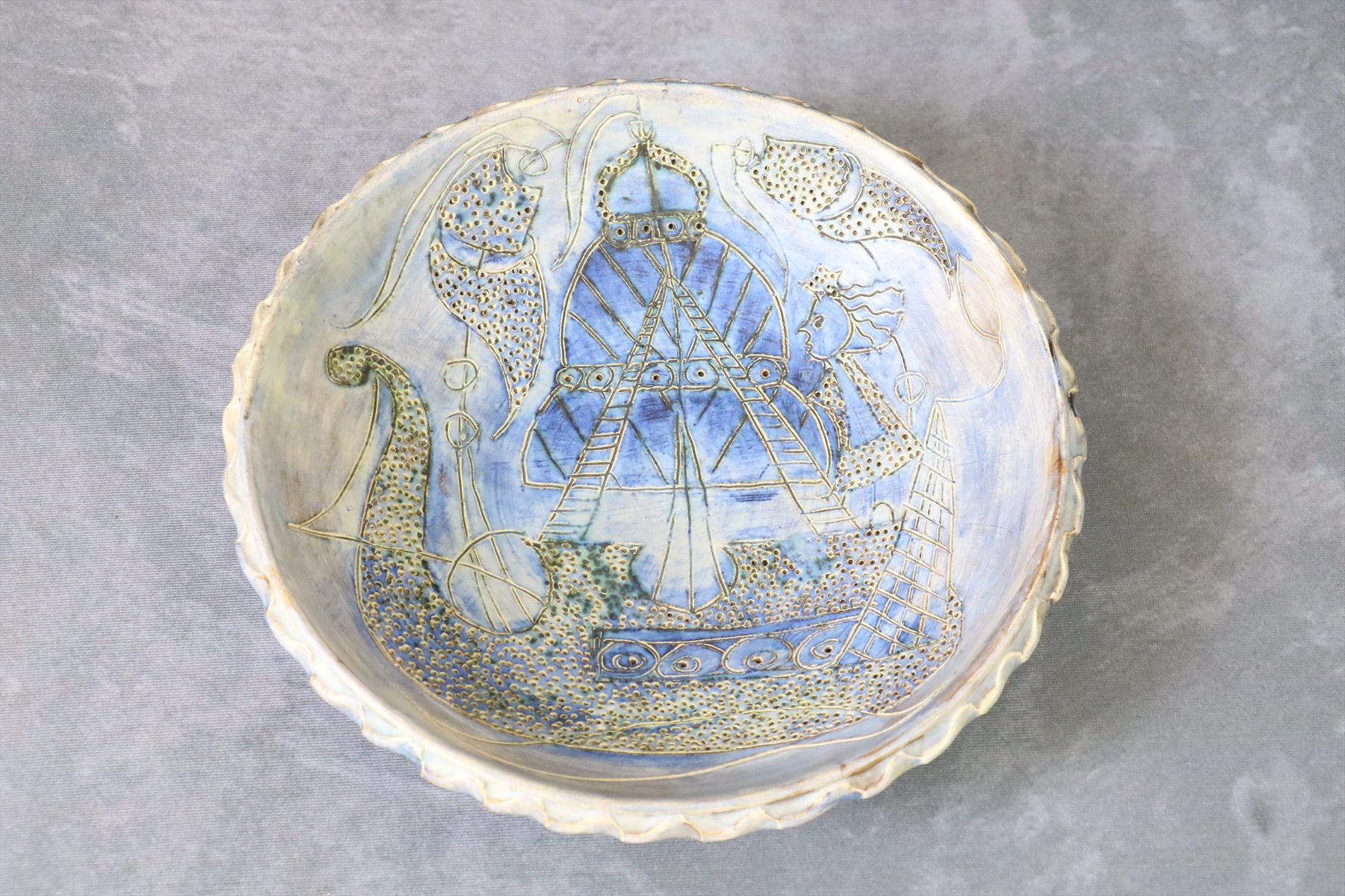 Vintage Ceramic Bowl with Drakkar Scene