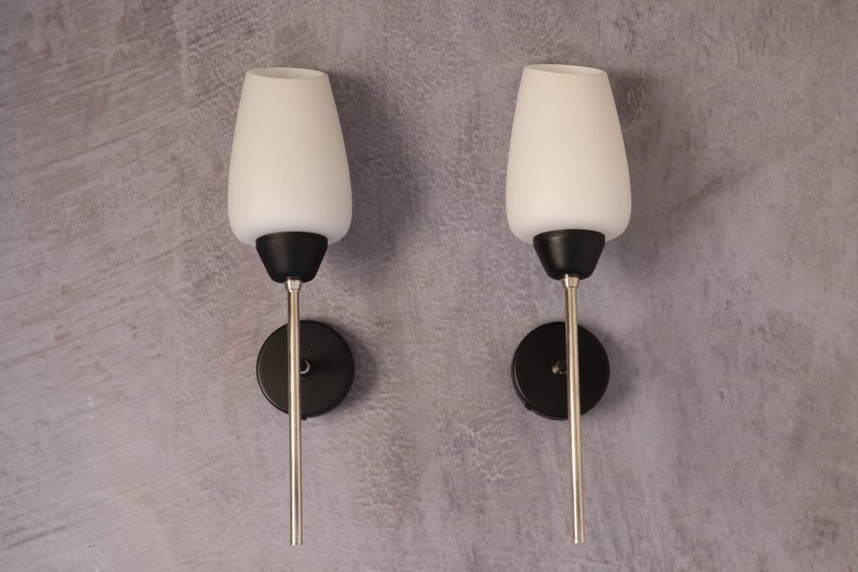 Pair of Black Metal Sconces with Opaline Tulip Shades — Lunel