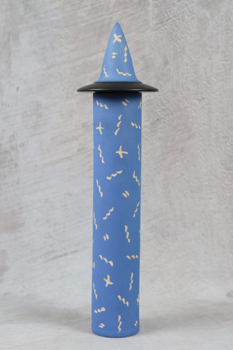 Tall Blue and Black Postmodern Ceramic Lidded Box with Confetti Decor