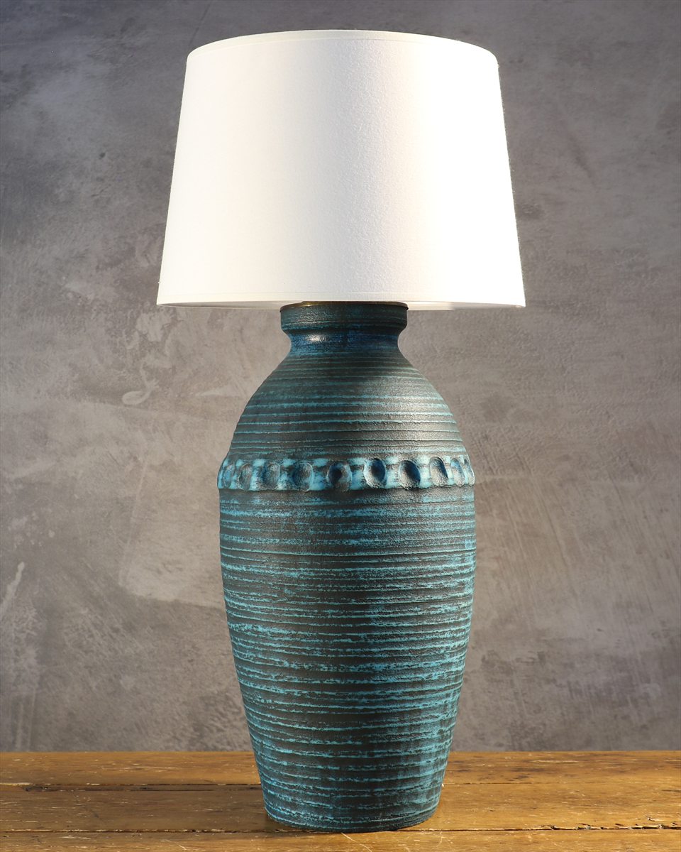 Large Ribbed Turquoise Ceramic Table Lamp — Accolay
