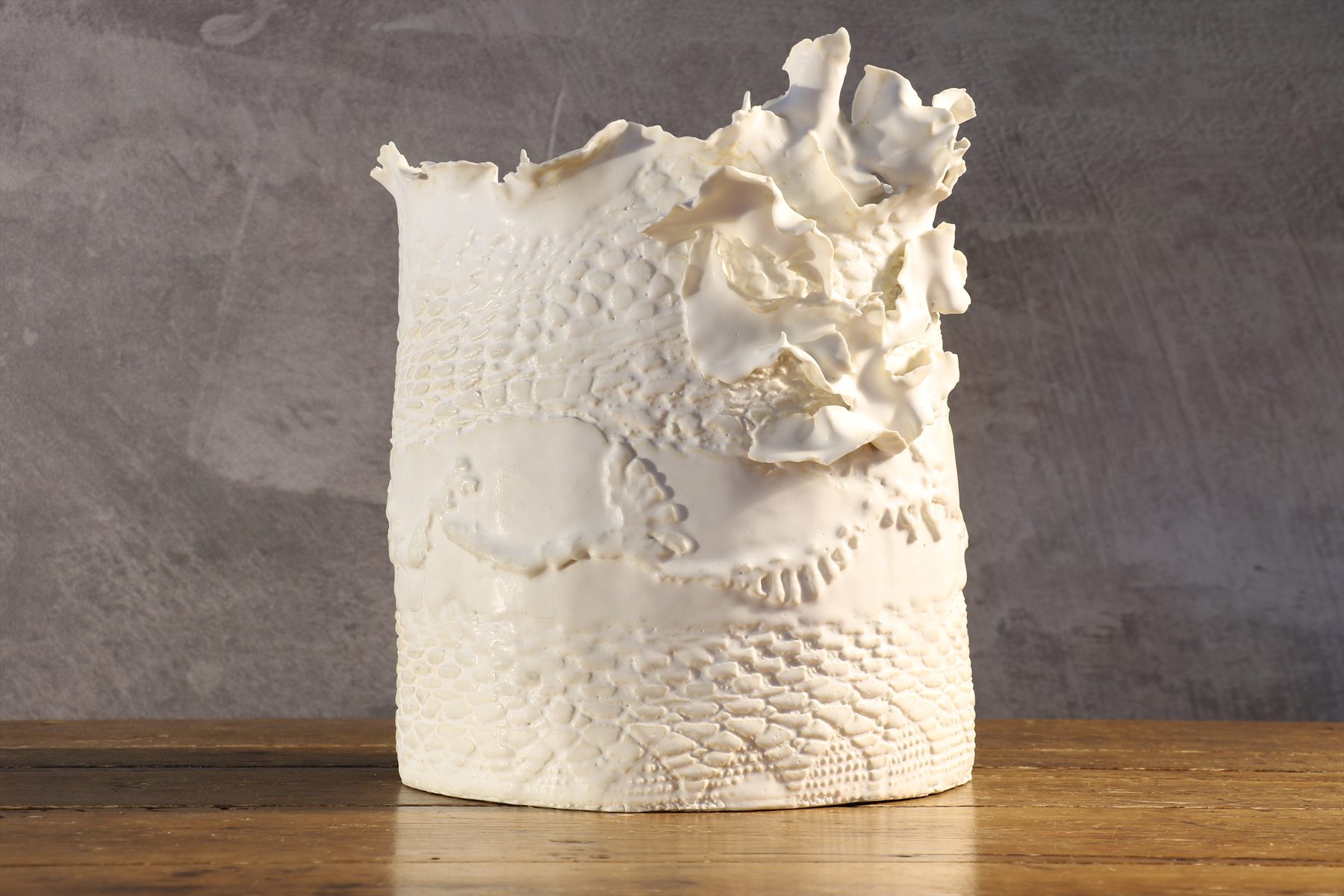 Hand Built White Porcelain Vase with Lace Imprints