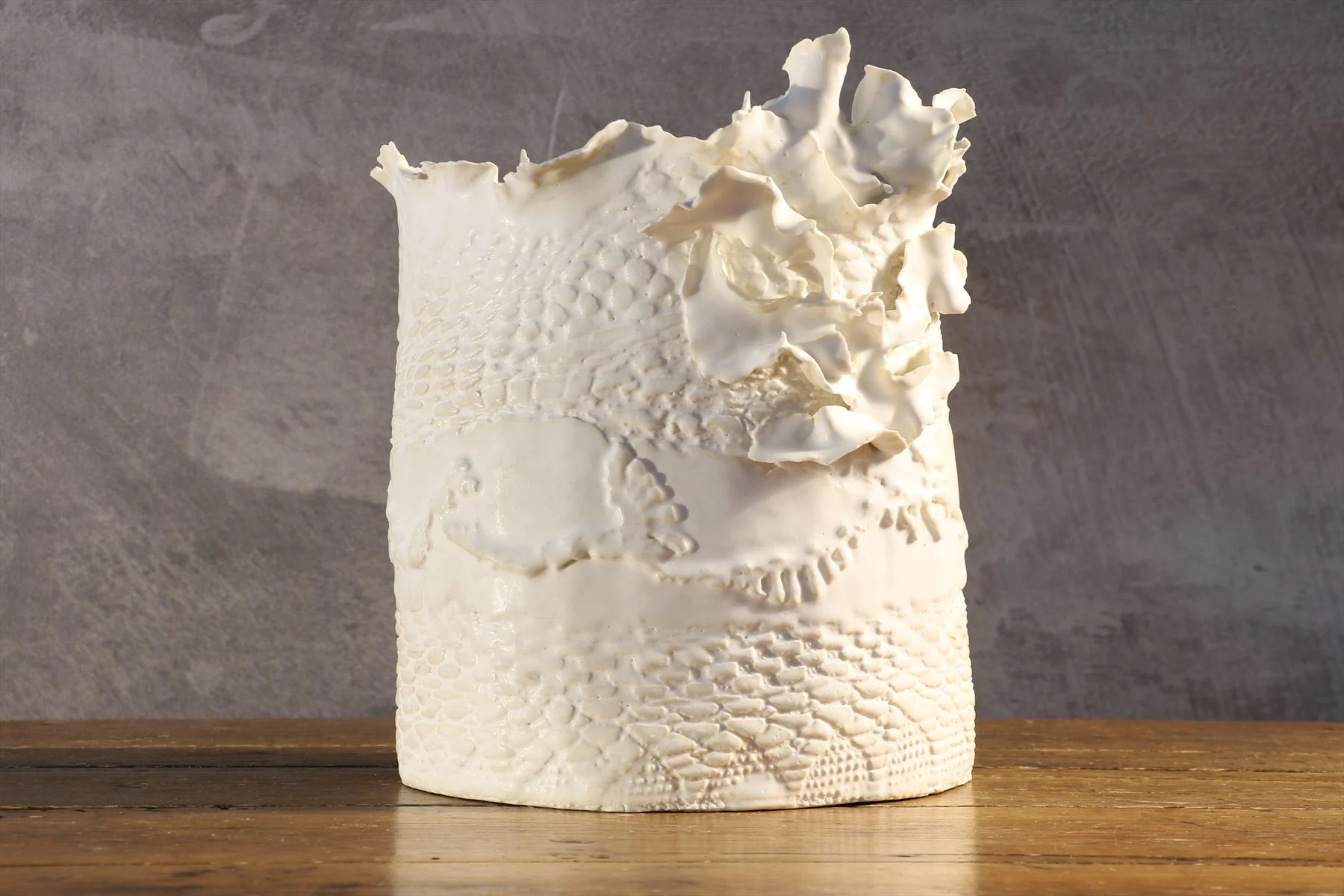 Hand Built White Porcelain Vase with Lace Imprints