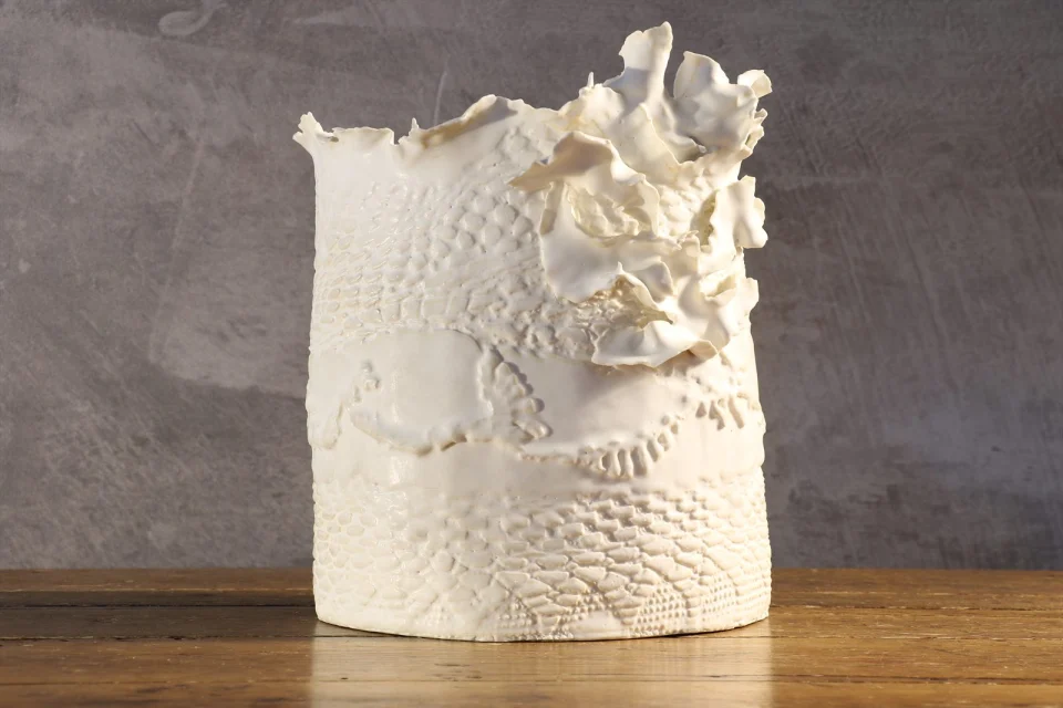 Hand Built White Porcelain Vase with Lace Imprints — Alice Riehl