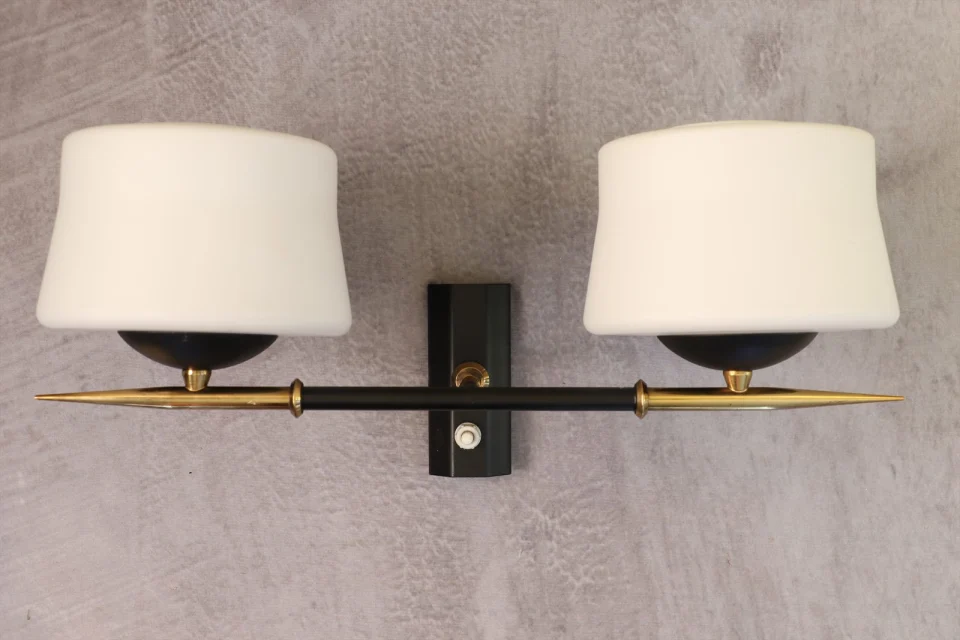 Double Black Metal, Brass and Opaline Glass Wall Light — Arlus