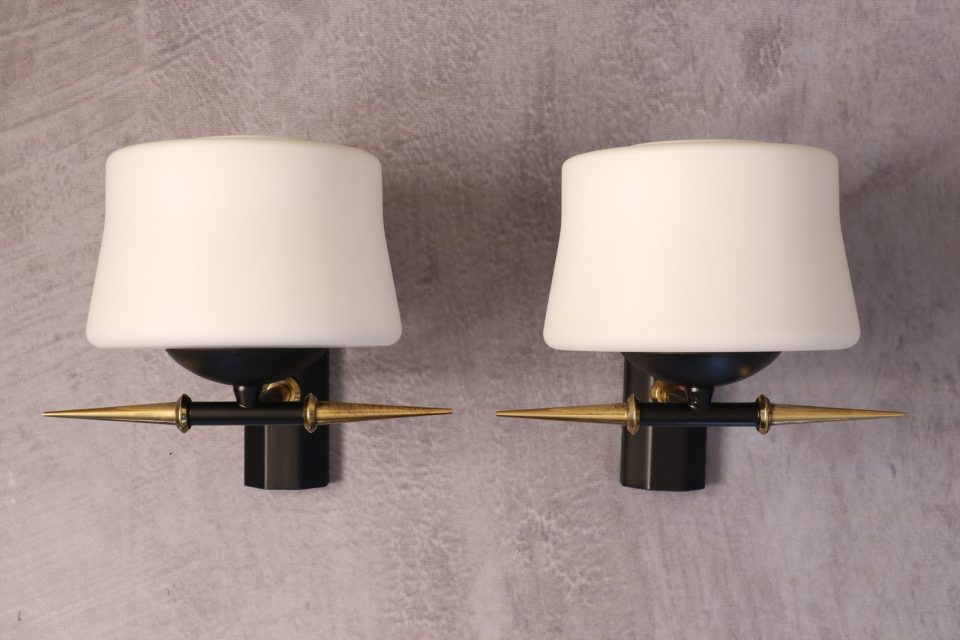 Pair of Black Metal, Brass and Opaline Glass Wall Lights — Arlus