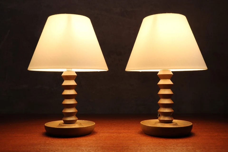 Pair of Turned Wood Table Lamps — Attributed to Charles Dudouyt