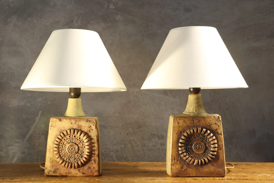 Pair of Vintage Brutalist Stoneware Table Lamps — Bernard Rooke