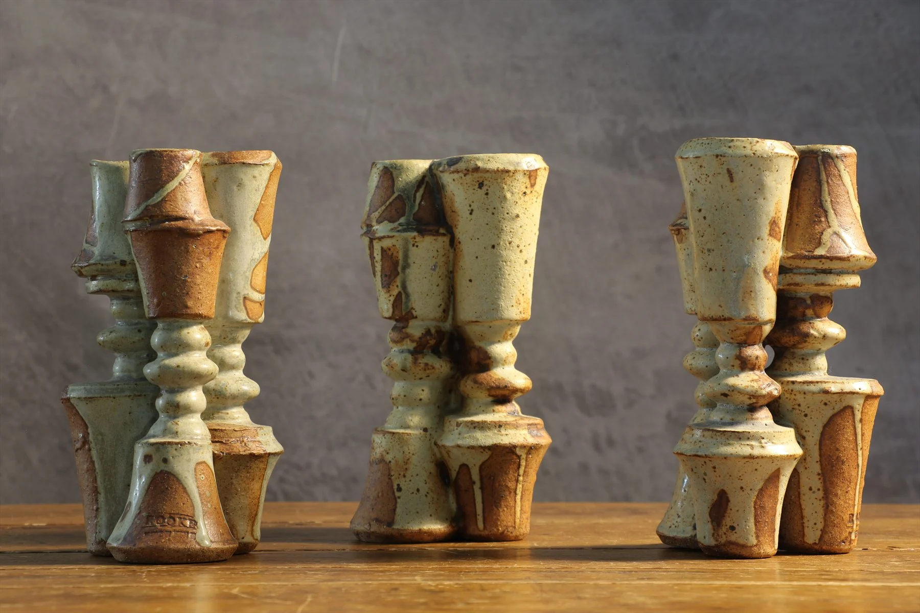 Set of Three Stoneware Double Candlesticks
