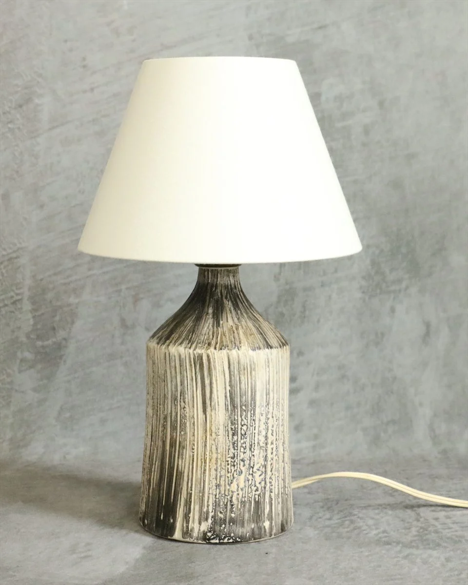Incised Cream and Charcoal Ceramic Table Lamp — Georges Gehel
