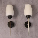 Pair of Black Metal Sconces with Opaline Tulip Shades – photo 1