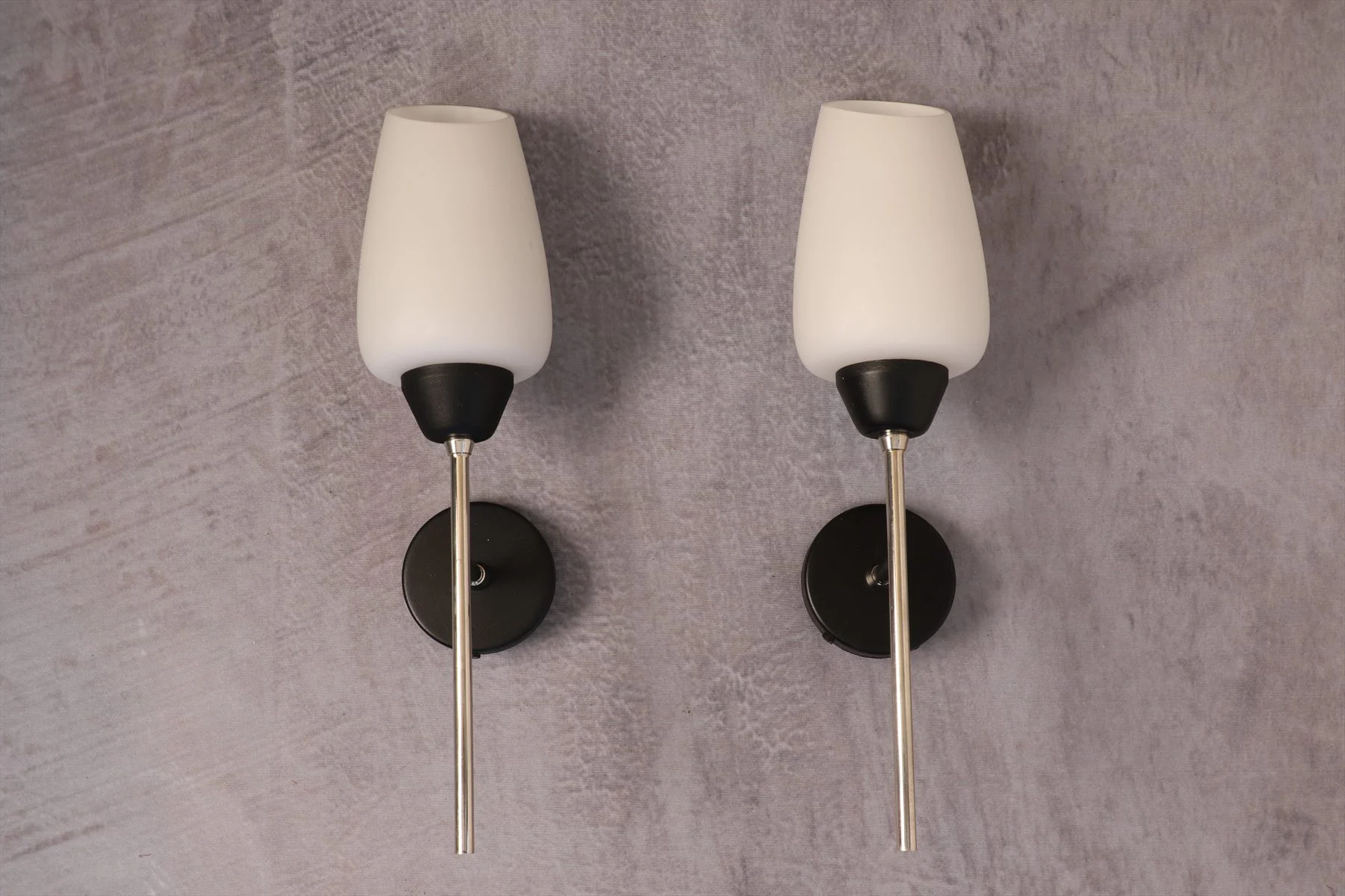 Pair of Black Metal Sconces with Opaline Tulip Shades