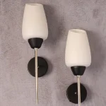 Pair of Black Metal Sconces with Opaline Tulip Shades – photo 2