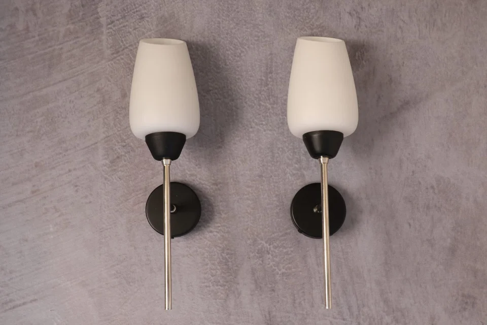 Pair of Black Metal Sconces with Opaline Tulip Shades — Lunel