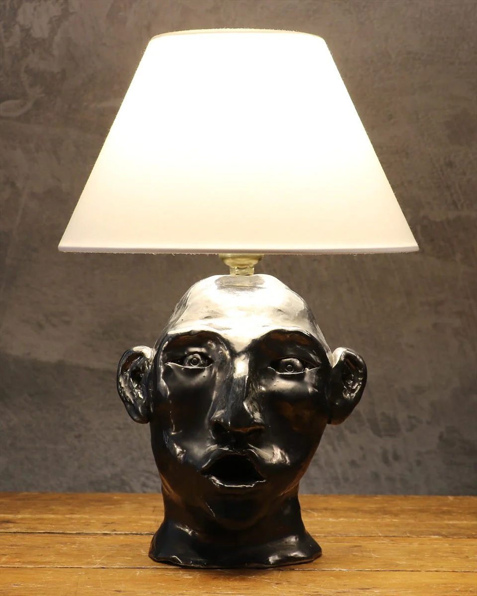 Mid-Century Hand-Painted Ceramic Table Lamp with Face Decor