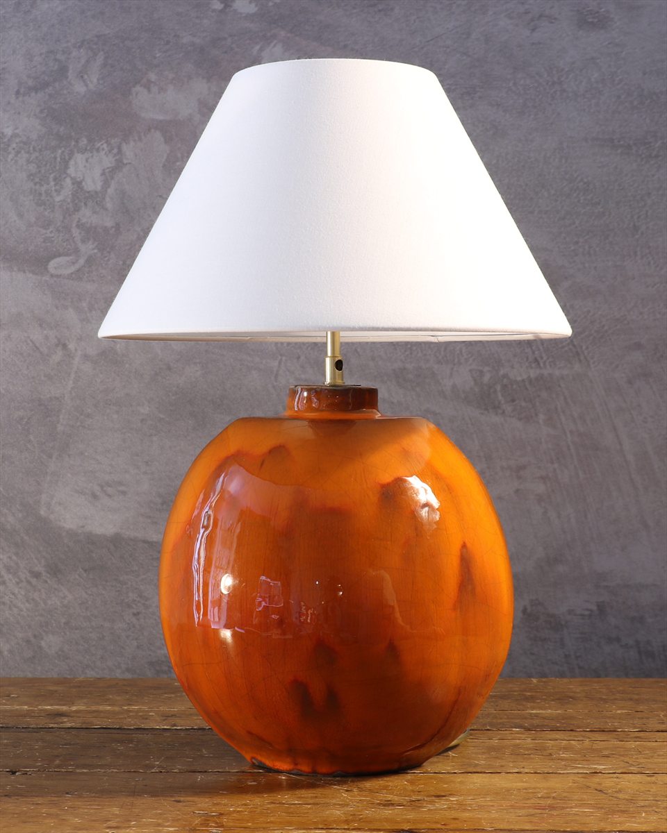 Mid-Century Orange Glazed Ceramic Ovoid Table Lamp with Shade