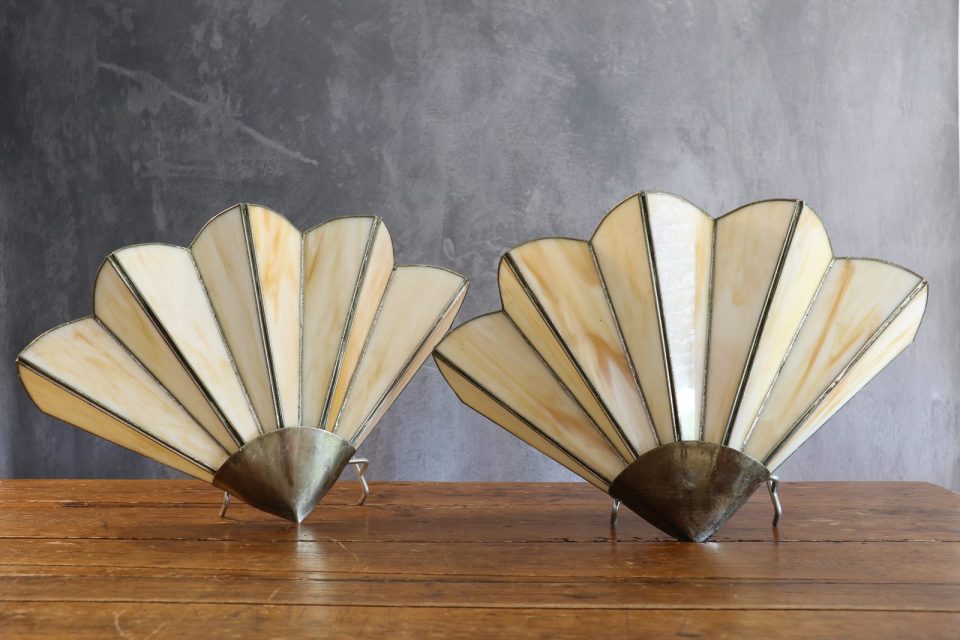 Pair of Vintage Art Deco Style Glass Paste and Brass Wall Lights