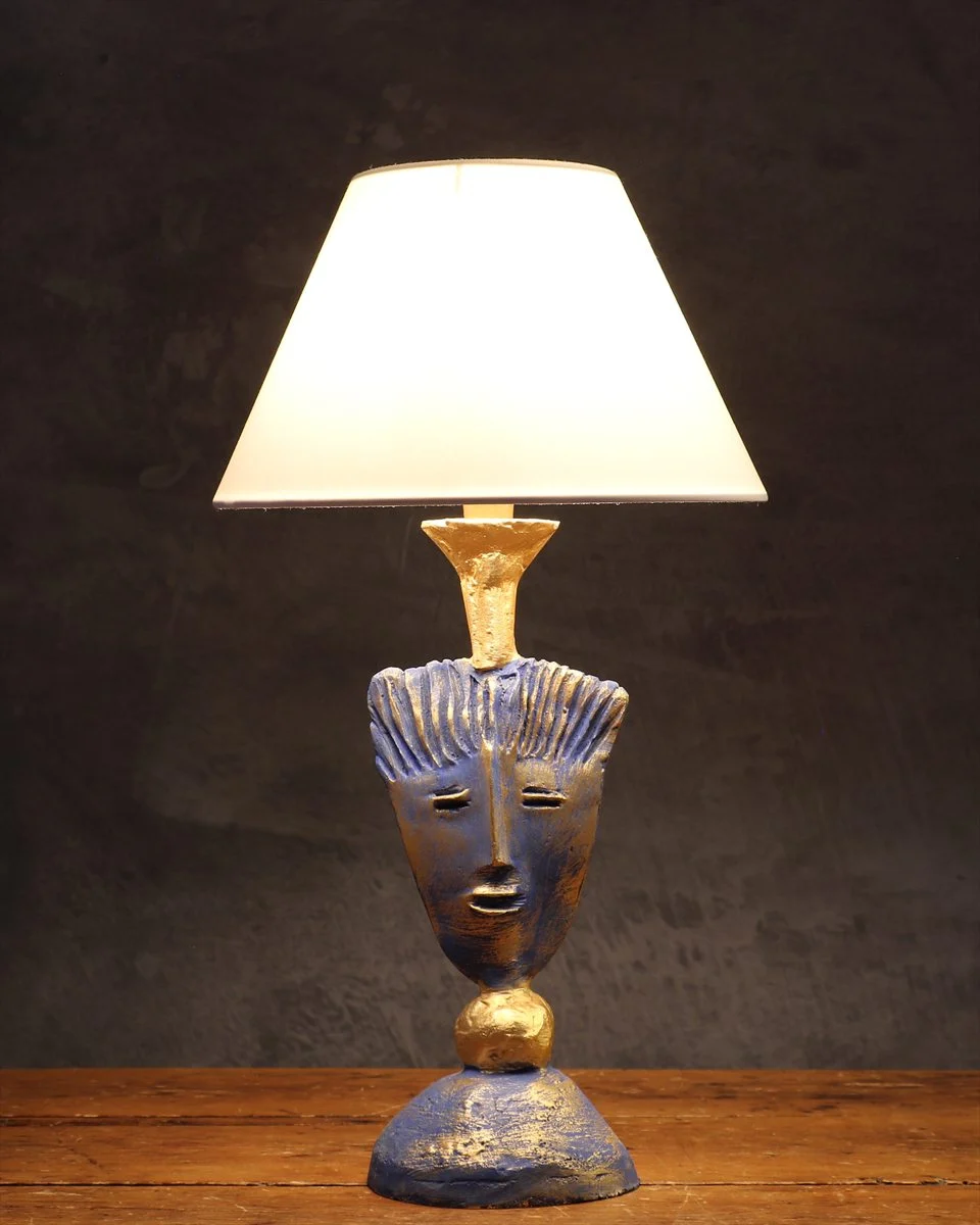 Vintage Blue and Gilt Bronze Face Table Lamp — Pierre Casenove