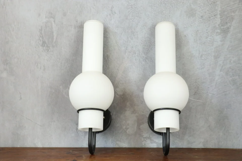 Pair of White Opaline Glass and Black Metal Sconces — RAAK