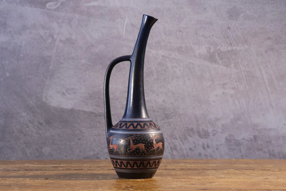 Midnight Blue Ceramic Pitcher with Deer Frieze — René Maurel